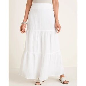 Chico's White Tiered Gauze Maxi Skirt Cotton Spandex Waistband Sz 2 / L / 12 NEW